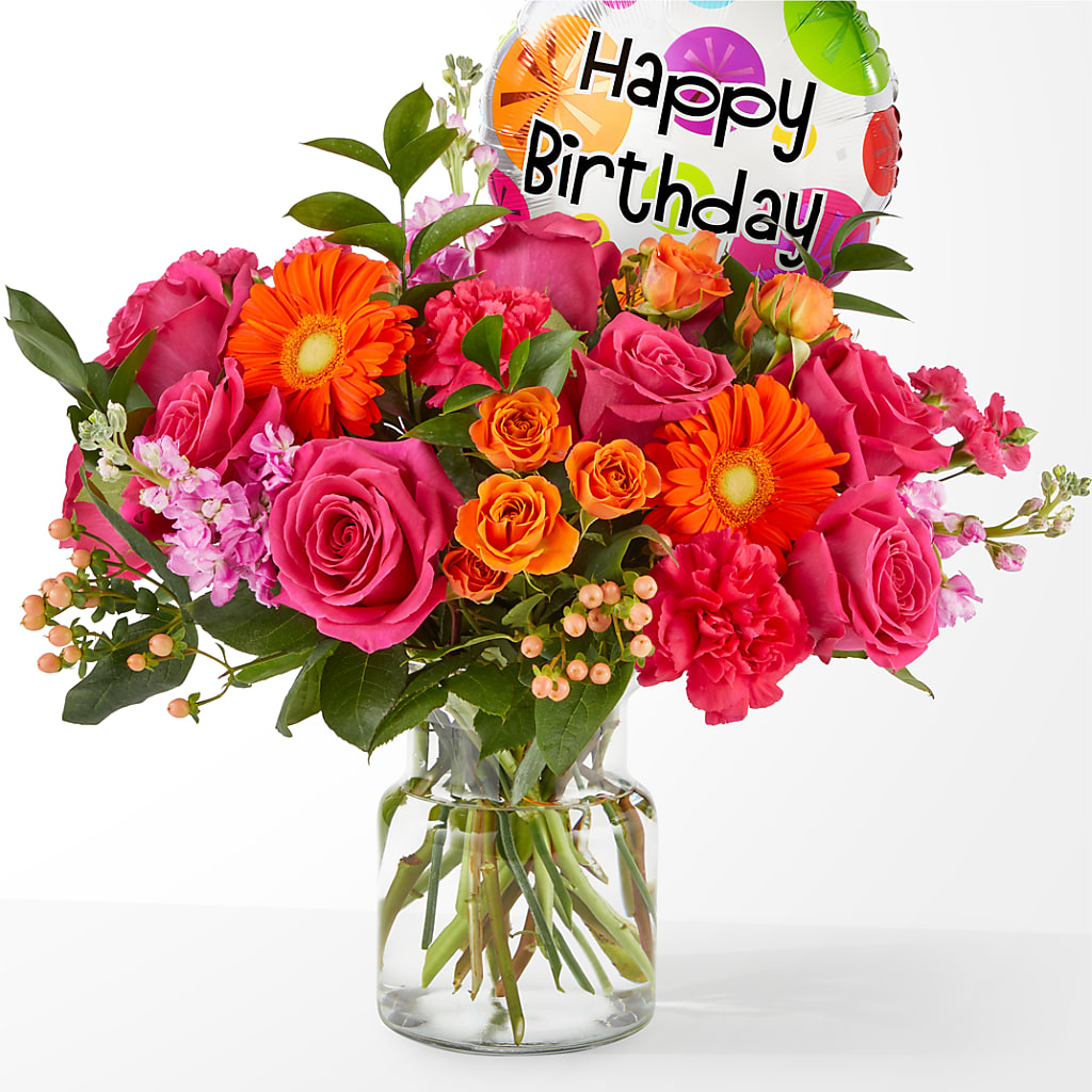 Fiesta Bouquet with Birthday Balloon – BEBE'S FLOWER SHOP, Los Angeles CA