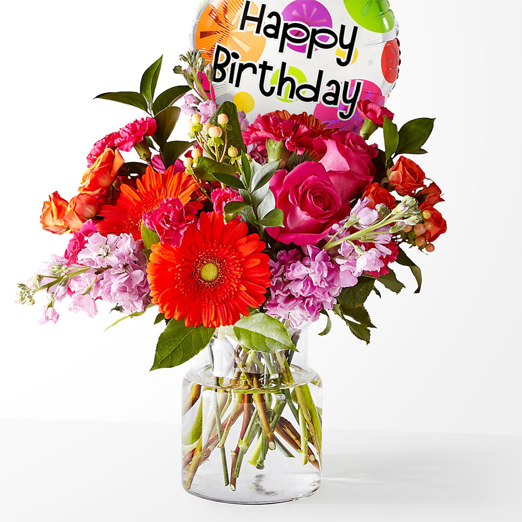 Fiesta Bouquet with Birthday Balloon – BEBE'S FLOWER SHOP, Los Angeles CA