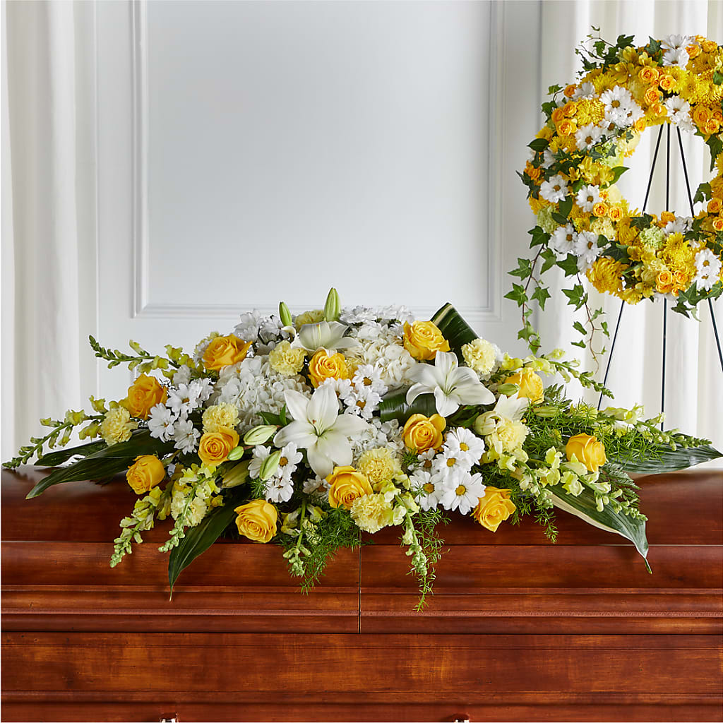 Golden Harmony Casket Spray – BEBE'S FLOWER SHOP, Los Angeles CA